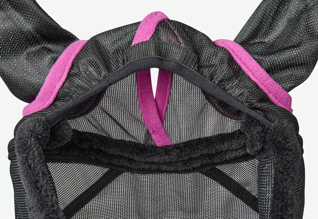 Fliegenmaske ComFiTec, durable Mesh mit Schopfloch- Ohr- & Nasenschutz, schwarz/pink
